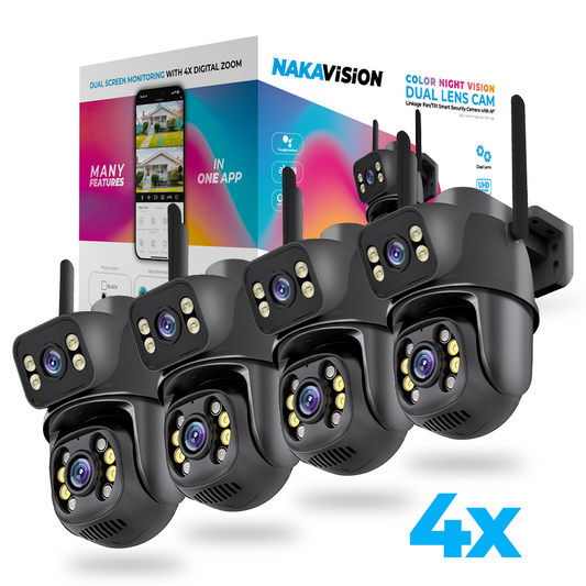 4x Nakavision C1 Outdoor Security Camera for Home, 2x AI Dual Lens 3+3MP UHD PTZ, Instant Phone Alerts, Colour Night Vision, Human Detection, 2‑Way Audio, SD/ONVIF UTP IP66, No Monthly Fee – UK