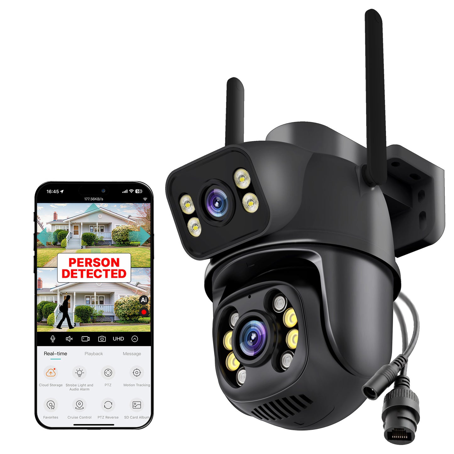 4x Nakavision C1 Outdoor Security Camera for Home, 2x AI Dual Lens 3+3MP UHD PTZ, Instant Phone Alerts, Colour Night Vision, Human Detection, 2‑Way Audio, SD/ONVIF UTP IP66, No Monthly Fee – UK