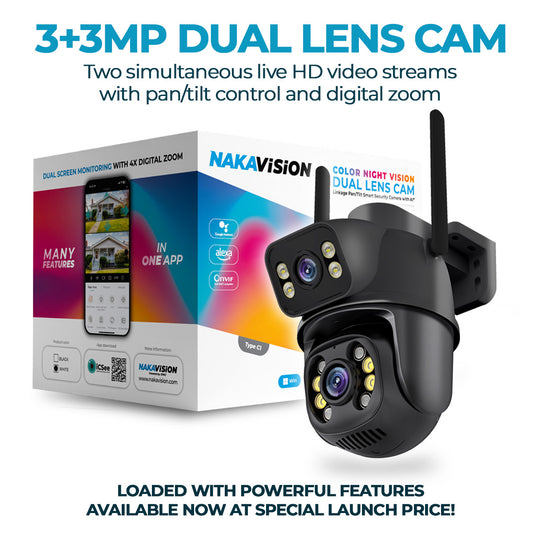 Nakavision C1 Outdoor Security Camera for Home, 2x AI Dual Lens 3+3MP UHD PTZ, Instant Phone Alerts, Colour Night Vision, Human Detection, 2‑Way Audio, SD/ONVIF UTP IP66, No Monthly Fee – UK