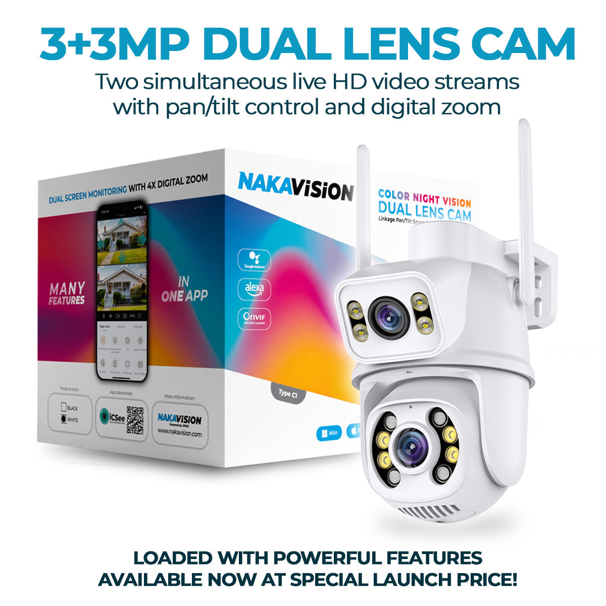 Nakavision C1 Outdoor Security Camera for Home, 2x AI Dual Lens 3+3MP UHD PTZ, Instant Phone Alerts, Colour Night Vision, Human Detection, 2‑Way Audio, SD/ONVIF UTP IP66, No Monthly Fee – UK